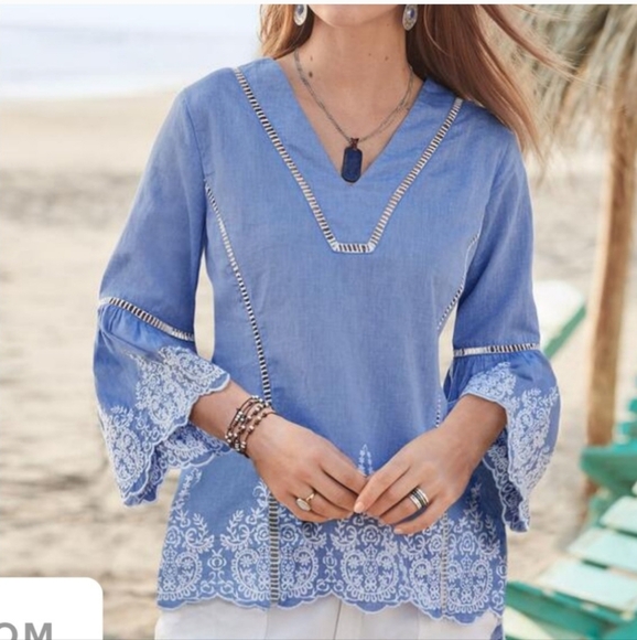Sundance 100% Cotton Embroidered V Neck Peasant Top Longsleeve Blue Medium - Picture 1 of 8